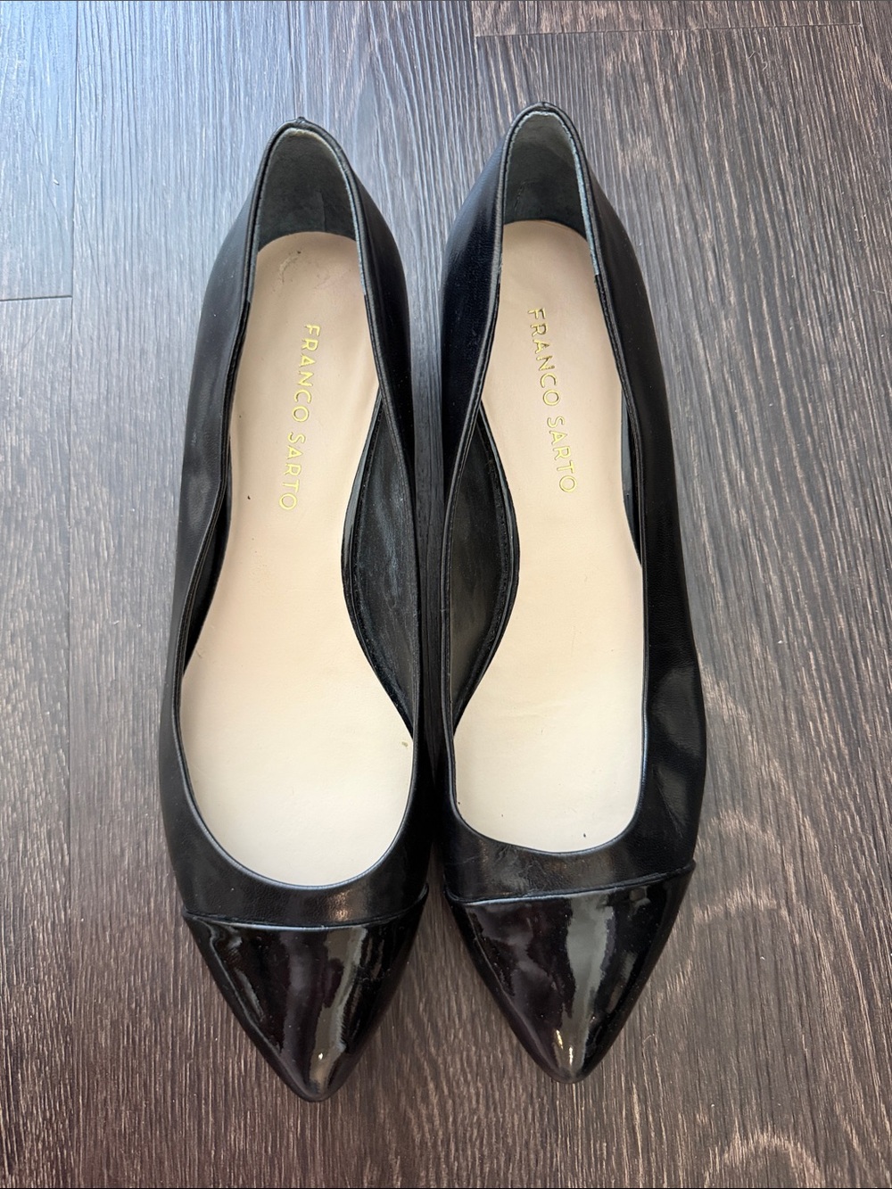 Franco Sarto Black Pointed-Toe Patent Cap Flats